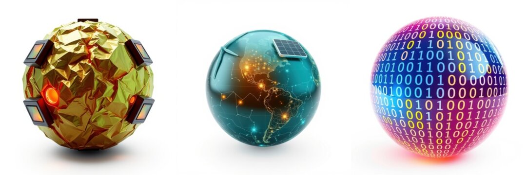 Golden sphere, globe with solar panel, binary code orb. Digital world concepts, technology illustration. Future possibilities shown.