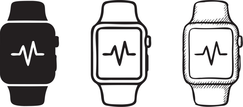 Three distinct black and white vector illustration icons displaying digital smartwatches with heart rate monitor screens on a clean background