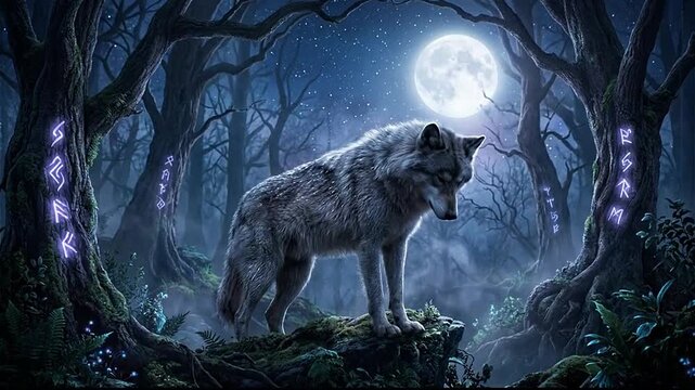 Mystical Wolf Howling at Full Moon in Enchanted Forest
