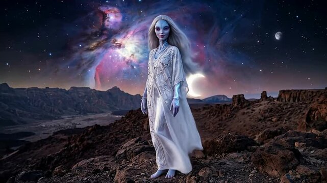 Mystical Woman with Ethereal Aura in Cosmic Landscape