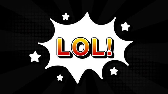 LOL text word lettering popup comic cartoon reveal with bomb and smoke explosion manga anime book page dots with radial speed lines doodle black background with seamless loop animation retro clip