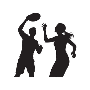 Black Silhouette Vector Illustration Of A Man And Woman Playing Ultimate Frisbee. 