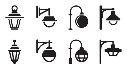 Collection of wall mounted outdoor lamp icons and hanging lanterns for exterior building. © MDNAZMUL
