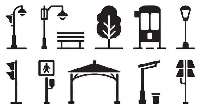 Set of urban elements icons including street lamps traffic lights and bus stop.