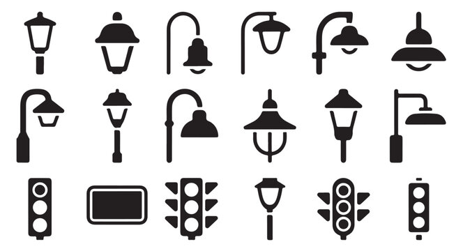 Icon set of street lamps and road signs for urban lighting and traffic signal illustration.