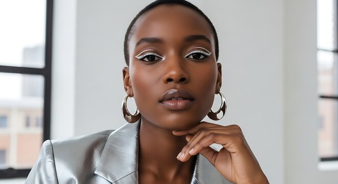 Portrait of a woman with short hair, bold makeup, and hoop earrings, in front of a window