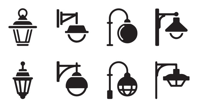 Collection of wall mounted outdoor lamp icons and hanging lanterns for exterior building.