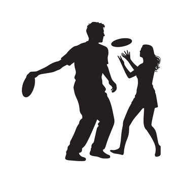 Black Silhouette Vector Illustration Of A Man And Woman Playing Ultimate Frisbee. 