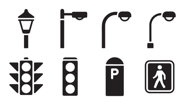 Urban city elements includes street lamps traffic signals and parking meter vector icons.