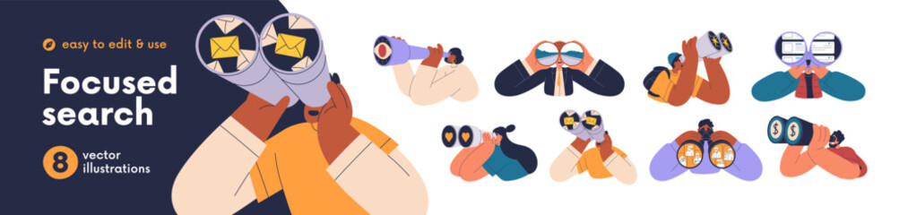 Naklejka premium Focused search, vision concept set. People with binoculars looking for money, love, business requests, perspectives, future goals and dreams. Flat vector illustrations isolated on white background