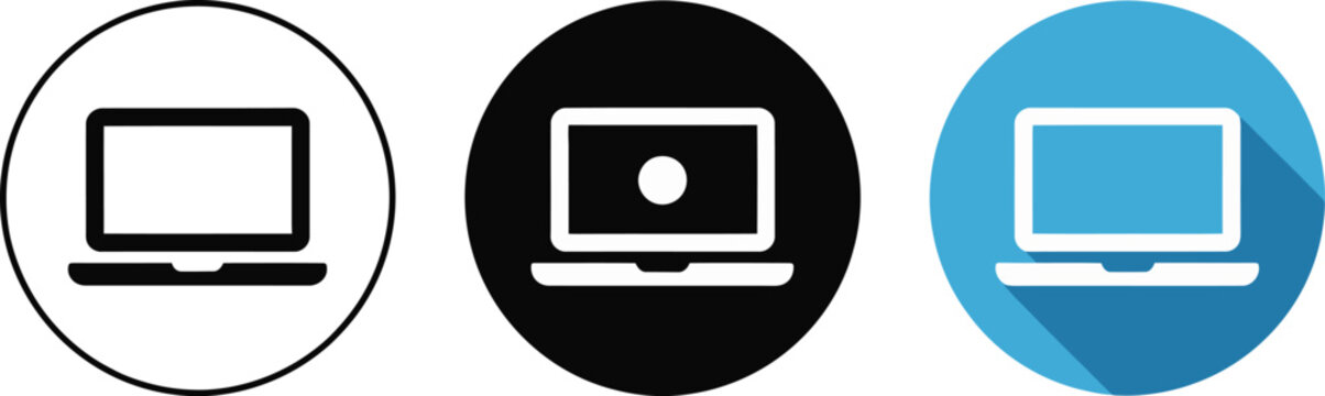 Stylized laptop icons, with varied background circles for digital devices, remote work, internet services, and graphic design.
