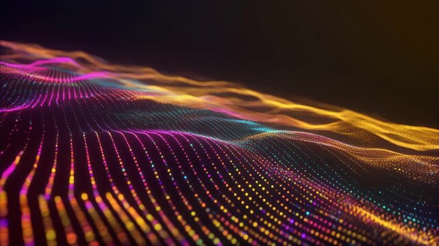 Abstract Digital Waveform Flowing with Neon Lights and Particles.