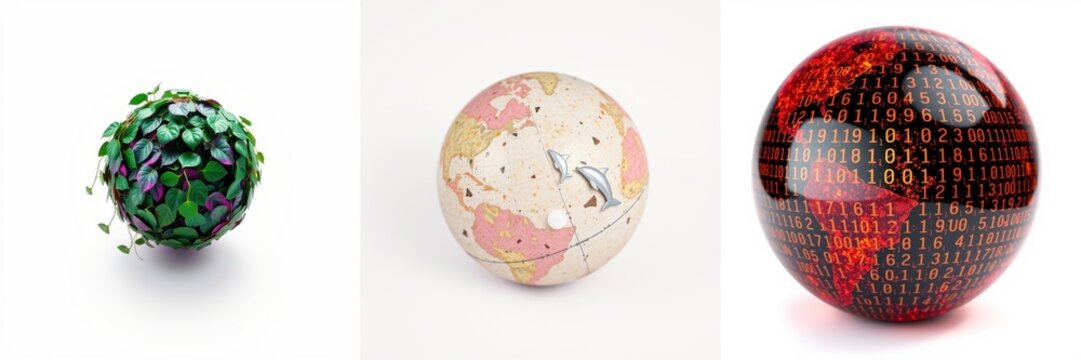 Three spherical globes represent concepts. First shows plant life, second depicts world map, third features binary code.
