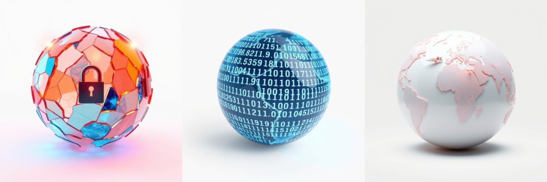 Three globes represent digital security, data streams, world connectivity. Red sphere shows broken lock, binary code covers second globe. White globe depicts continents.