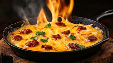 Queso flameado with melted cheese and chorizo in cast iron skillet with dancing flames and fresh cilantro garnish on wooden surface