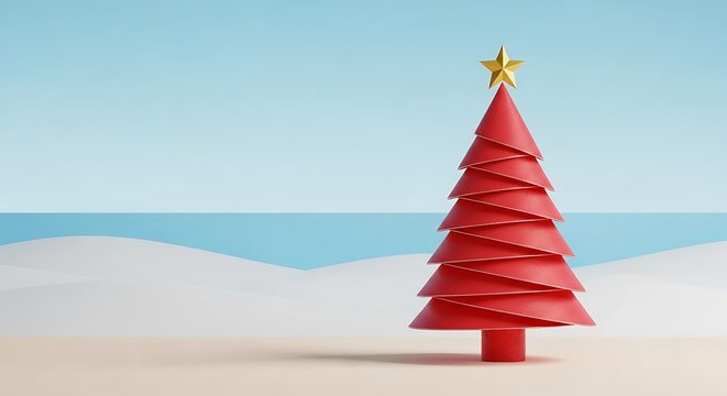 Rendered Christmas tree with golden star on a minimalist beach scene, blue sky