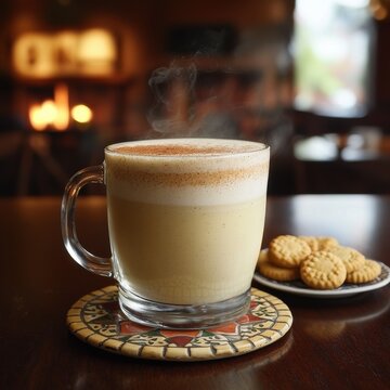 Traditional vanilla atole in clear glass mug with cinnamon dust on decorative Mexican tile coaster at premium restaurant with cookies nearby