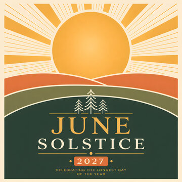 Retro style landscape illustration of a large rising sun over hills and pine trees during summer season