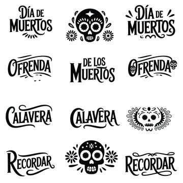 D&iacute;a de Muertos Hand Lettering Bundle &ndash; Ofrenda, Calavera, Recordar Typography Designs for Day of the Dead Celebrations. Spanish Typography Art, Mexican Cultural Festival Decorations