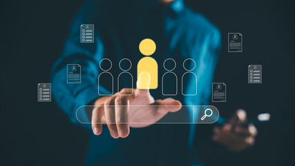Obraz premium HRM human resource management manager staff human recruitment leadership target group interface featuring hand pointing toward yellow person icon for customer search and human development