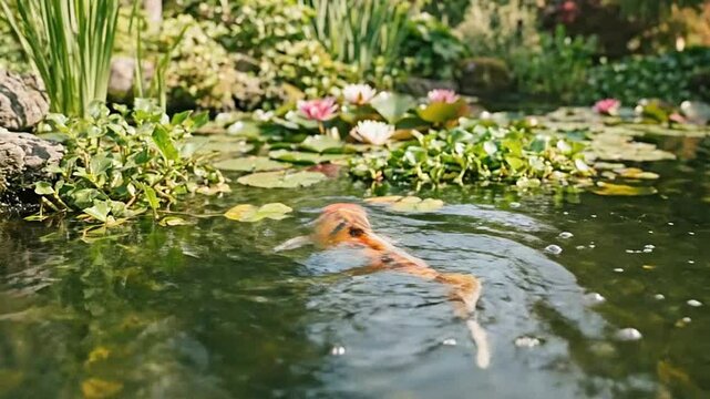 Peaceful Koi Pond with Floating Water Lilies and Lush Greenery
