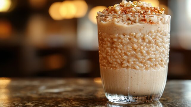Premium rice pudding cup with layered horchata texture, cinnamon dust and pearl tapioca garnish served at upscale Mexican restaurant