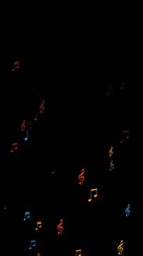 musical notes flying alpha channel animation, retro colorful notas music and song isolated overlay vertical social media motion design element