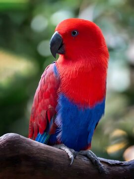 Female Eclectus Parrot with Bright Red and Blue Feathers on Branch