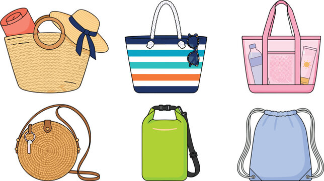 Summer Beach Bag Vector Icon Set with Woven Straw Totes Striped Canvas Purses Clear Pouches Dry Bags and Drawstring Backpacks for Vacation Fashion Graphic Designs
