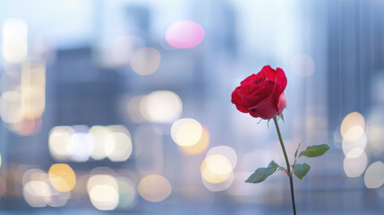 Fototapeta premium Beautiful red rose stands elegantly against blurred city background, evoking feelings of romance and tranquility