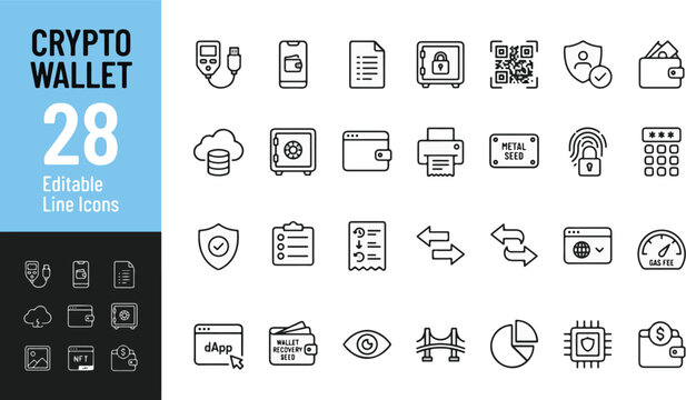 Crypto wallet line icon set. Digital currency storage, hardware security, mobile app, seed phrase recovery, blockchain transaction, dApp browser, gas fee, exchange minimal vector illustration. Simple 