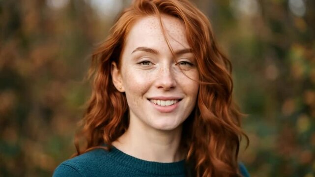 Portrait of a young woman with red hair outdoors in autumn