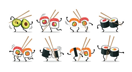 Playful Sushi and Avocado Cartoon with Chopsticks Illustration Set © Duniastock