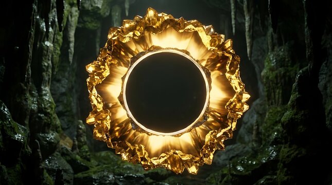 Glowing golden crystal ring portal floating inside a dark cavern cave