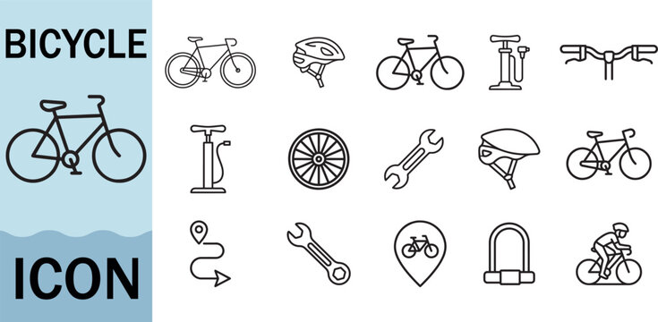 Bicycle and cycling equipment icon set vector