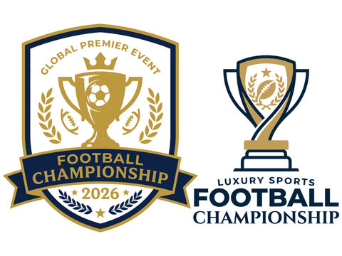 Detailed vector illustration of a football championship badge and trophy with laurel wreaths on a white background for sports branding