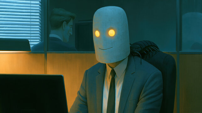 Robotic Masked Figure with Glowing Eyes Symbolizing Faceless Corporate Authority in Office