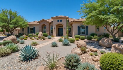 Fototapeta premium Beautiful single story house with xeriscape desert landscaping and sunny blue sky in a quiet neighborhood. arizona front yard