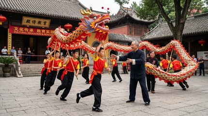 Children practice a traditional dragon dance in a temple courtyard, guided by an elderly master under a cultural heritage banner