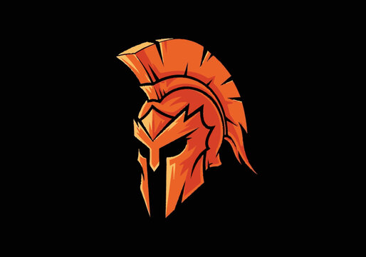 Orange Spartan gladiator helmet logo on black background.