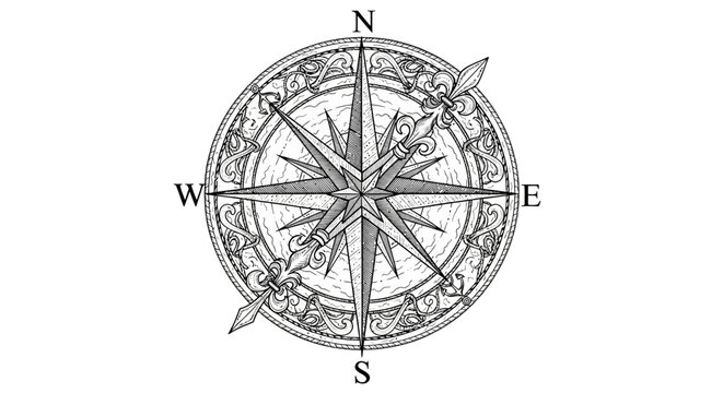 Ornate vintage nautical compass rose for map design.