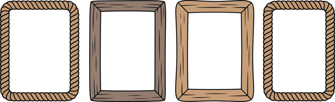 Four Wooden Picture Frames on White Background