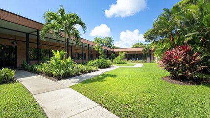 Fototapeta premium Nature inspired school with lush greenery, vibrant plants, and well maintained pathway creates serene learning environment