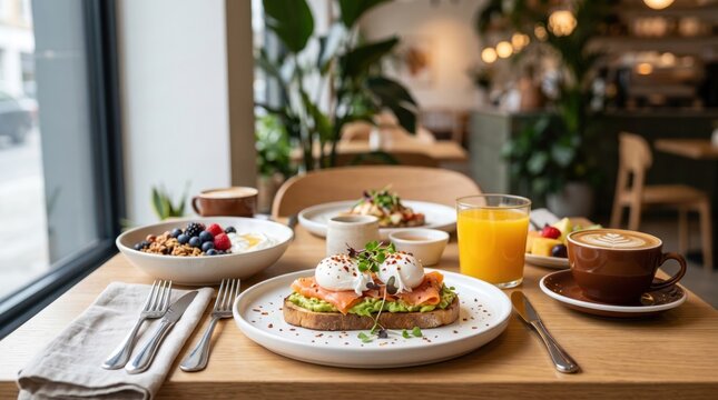 Delicious gourmet breakfast brunch table setting with smoked salmon avocado toast, poached eggs, granola bowl berries