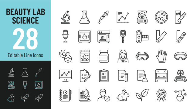 Beauty lab science line icon set. Skincare research, cosmetic testing, dermatology laboratory, cruelty free, organic ingredients, chemistry equipment minimal vector illustration. Simple outline. Edita