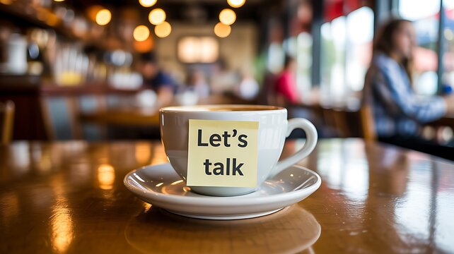 Business communication concept with coffee cup and lets talk message in cafe