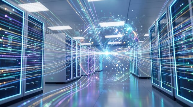 Modern server room in data center with rows of rack servers, fiber optic cables, glowing lights, high speed internet infrastructure, cloud computing facility