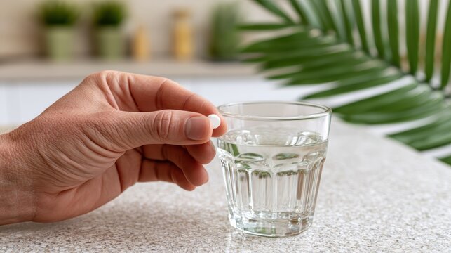 a person in a contemporary kitchen taking an antihistamine tablet with water, reflecting a high-quality approach to allergy treatment