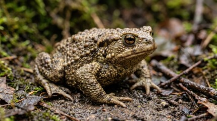 Fototapeta premium Close-up of a brown toad sitting on damp forest floor surrounded by leaves and twigs