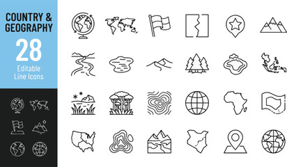 Country and geography line icon set. World map, globe, landscape, mountain, river, forest, desert, topography minimal vector illustration. Simple outline signs for travel, nature © Jason